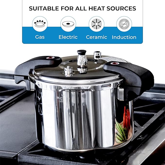 Buffalo 12 Quart Pressure Cooker Stainless Steel - Large Canning Pot with Lid for Home, Commercial Use - Easy to Clean Induction Stove Top Pressure Canner, Can Cooker - SG Certificate QCP412
