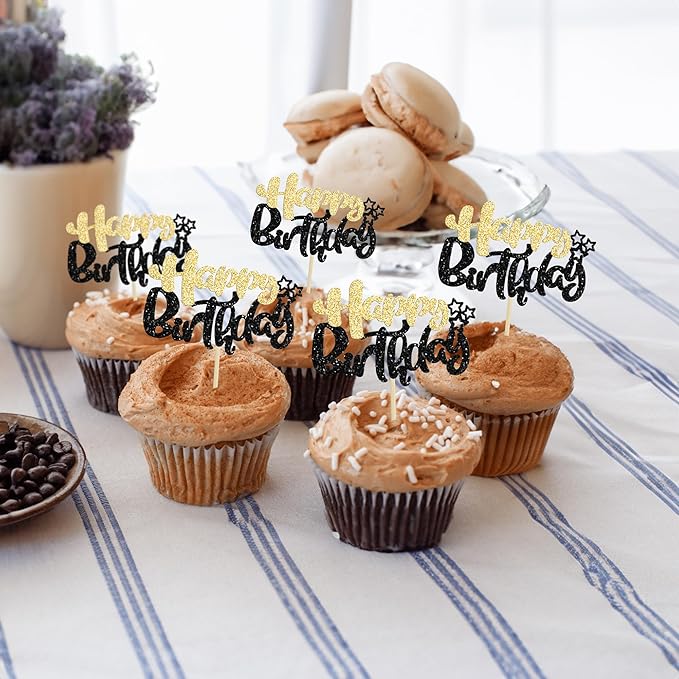 Ephlyn 24Pcs Happy Birthday Cupcake Toppers Double Layer Glitter Happy Birthday Cake Decorations for Celebrating Baby Shower Theme Kids Boys Girls Birthday Party Cake Decorations Supplies Black Gold