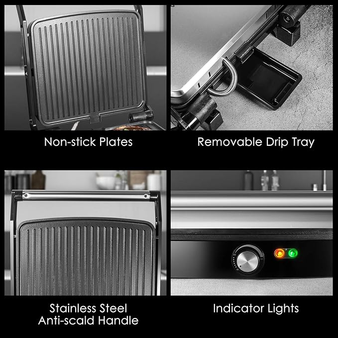 OSTBA Panini Press Grill with Adjustable Temperature,4-Slice Indoor Grill, 180° Open Sandwich Maker with Drip Tray, Non-Stick Plates, Stainless Steel, 1200W