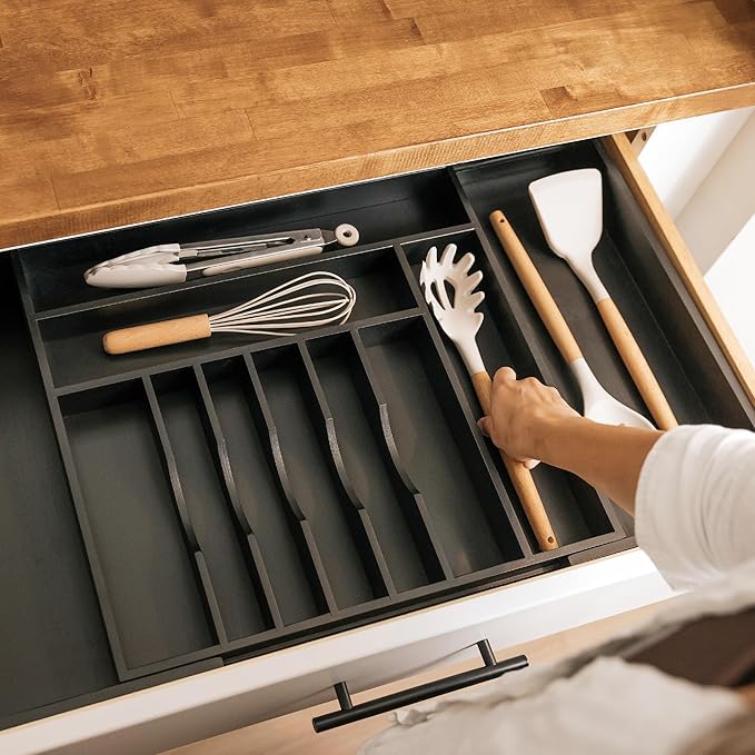 Premium Silverware, Flatware and Utensil Organizer for Kitchen Drawers, Food-Safe Contract Grade, Expandable from 18 to 33 In, Black Bamboo