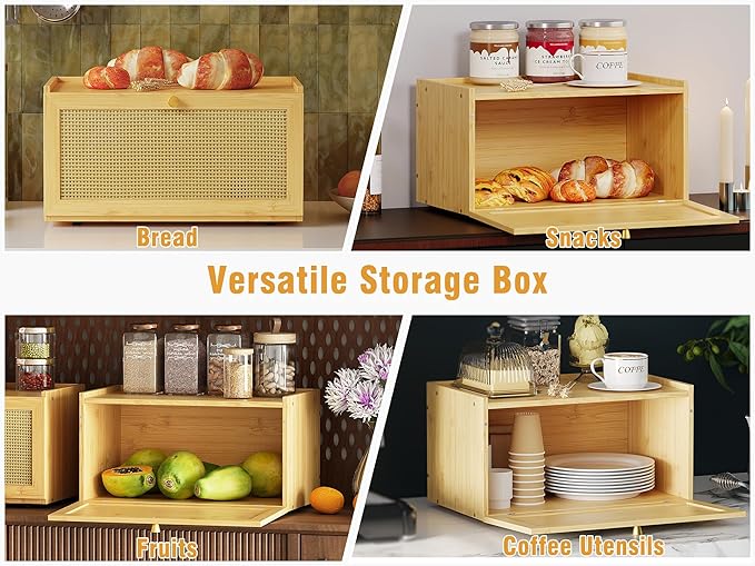 Rattan Bamboo Bread Box for Kitchen Counter Large Capacity Bread Storage Bin Farmhouse Bread Storage Container Rustic Bread Holder (Natural Bamboo)