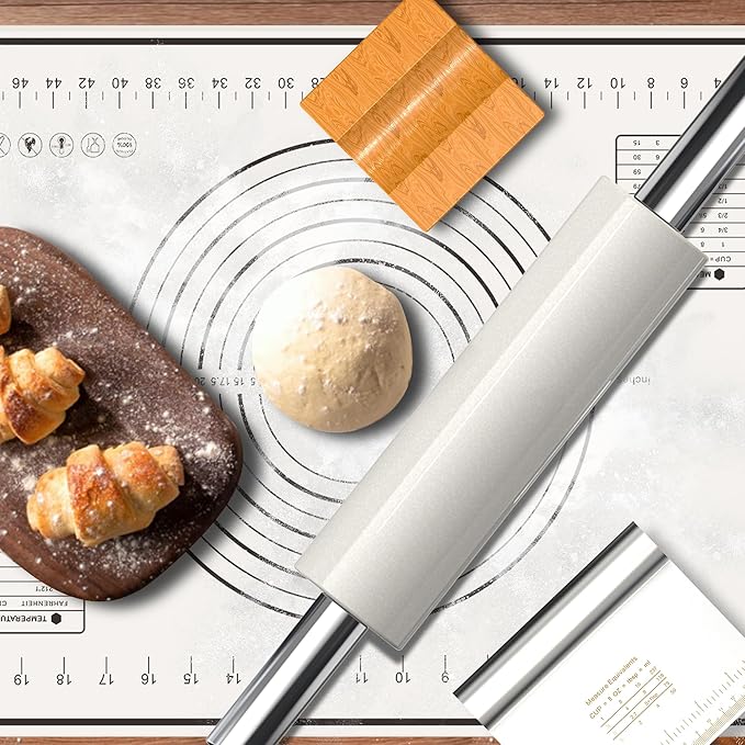 Marble Rolling Pin with Pastry Baking Mat and Stainless Steel Dough Cutter, 18.5” (Includes handle) Rolling Pin for Baking Cookie Crust Crisp Pizza with 3 Thickness Rings and Wood Stand