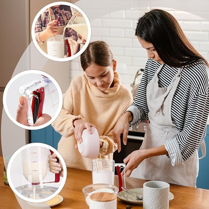 2 Pcs Cupcake Batter Dispenser Pancake Mix Dispenser 4 Cups with Squeeze Handle Tools for Pancake, Cupcake, Cookie, Cake, Waffles, Ice Cream Baking Gifts for Kitchen Housewarming (Red)