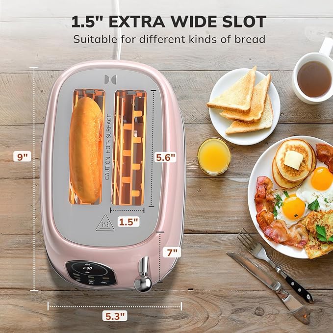 Keenstone Smart Touch Screen Toaster 2 Slice, Retro Wide Slot Stainless Steel Toaster with 6 Browning Levels, Reheat & Defrost, for Bagel, Toast, Bread, Removable Crumb Tray, Pink