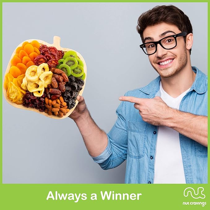 NUT CRAVINGS - Rosh Hashana & Shana Tova Dried Fruit & Mixed Nuts Gift Basket in Wooden Apple-Shaped Tray (9 Assortments) Food Arrangement, Healthy Snack Care Package, Food Assortments