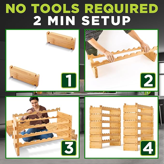 NutriChef Bamboo Stackable Wine Rack, 12-Tier 108 Bottle Capacity Free Standing Floor, No Tools Assembly, Modular Storage Display Shelf for Kitchen and Cellar 33.5" x 10" x 62.75"