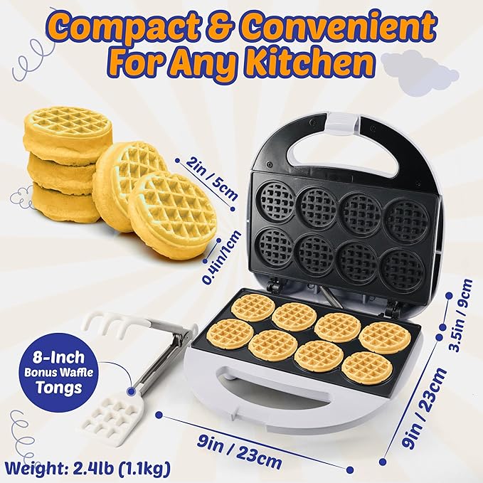 StarBlue Mini Waffle Bites Maker with FREE Waffle Tongs - 8 x 2” Tiny Waffle Bites, Non-Stick, Fast Heating, Perfect for Kids’ Breakfast, Snacks, Compact & Easy to Clean, White, 120V 60Hz 750W