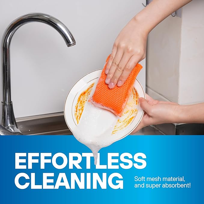 SCRUBIT Reusable Sponges for Dishes - 12 Pack Microfiber Sponges Kitchen Dish Scrubber, Machine Washable & Non-Scratch Scrubbers (Orange)