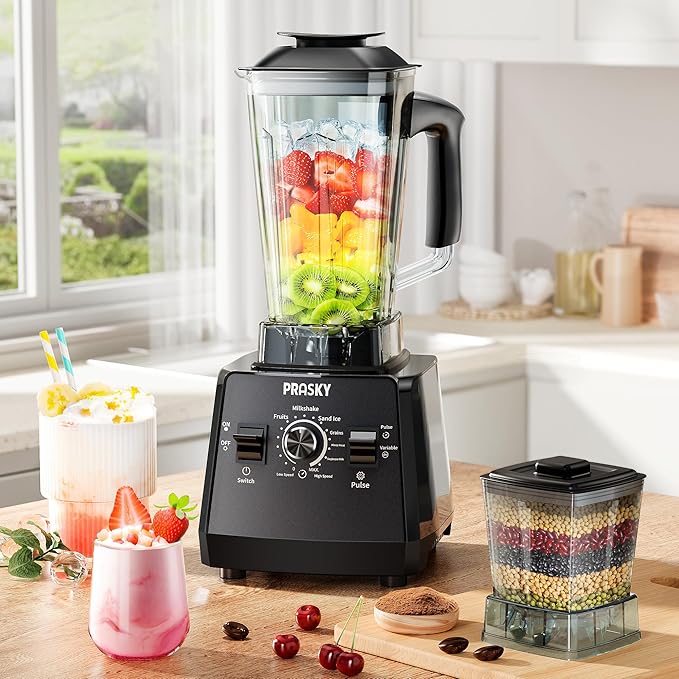 Professional Blender,Smoothies Blenders, PRASKY Max.2400Watts/1000Watts Blender and Grinder Combo 25000RPM Powerful Kitchen 68oz BPA Free 2 Containers Countertop Blenders Ice Crushing, Juice