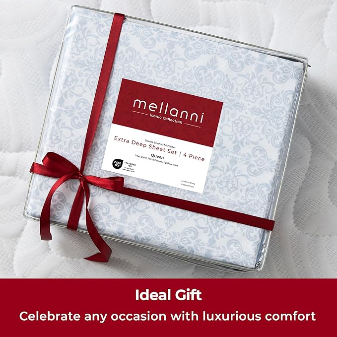 Mellanni Extra Deep Twin XL Sheets - 3 PC Iconic Collection Bedding - Luxury, Ultra Soft, Cooling Bed Sheets - Wrinkle, Fade, Stain Resistant (Twin Extra Long, Laced Sky Blue)