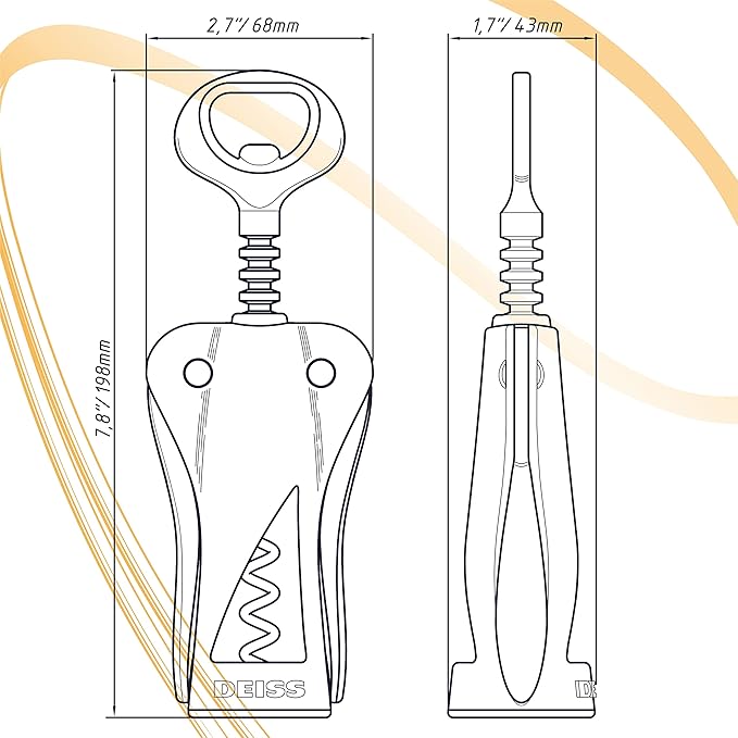 Deiss LUX Wine Opener, All-Metal Wing Corkscrew Wine Bottle Opener with Built-in Beer Bottle Opener - Ergonomic Cork Screw Wine Corker, Silver Matte Coating, Velvet Storage Pouch (SILVER)