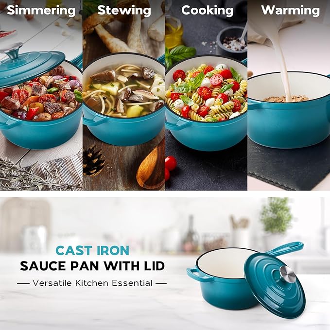 1QT Saucepan with Lid, Onader Enameled Cast Iron Sauce Pan, Small Cast Iron Pot for Cooking, Enameled Dutch Oven Nonstick & Heavy Duty – Dark Cyan