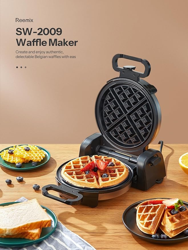 Waffle Maker, Round Classic Belgian Waffle Iron with 180°Rotating Design, Nonstick Plates & Cool Touch Handle, 1080W Fast Heating Waffle Machine, Brushed Stainless, Silver (4 Slices)