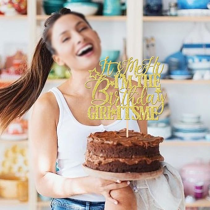 1 PCS It's Me Hi I'm the Birthday Girl It's Me Cake Topper Glitter Funny Girls Birthday Cake Pick for Hot Pop Music Singer Birthday Party Cake Decorations Supplies Gold