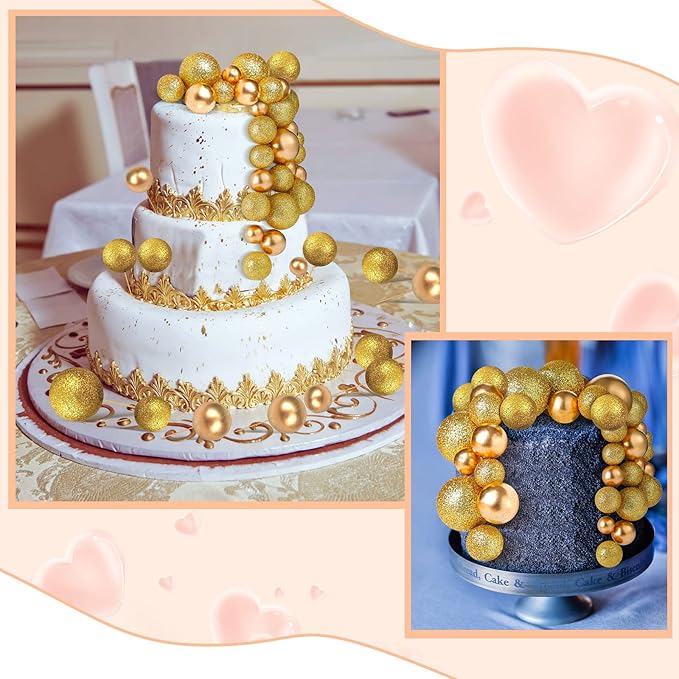 108 Pcs Balls Cake Topper DIY Cupcake Insert Foam Balloons for Cake Baking Wedding Anniversary Birthday Decoration(Glitter Gold, Gold,Multi Sizes)