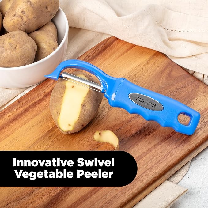 Zulay Kitchen Premium Vegetable Peeler for Kitchen - Swivel Peeler with Razor Sharp Stainless Steel Blades & Strong Ergonomic Handle - Dishwasher Safe, Easy To Use with Blemish Remover - Blue