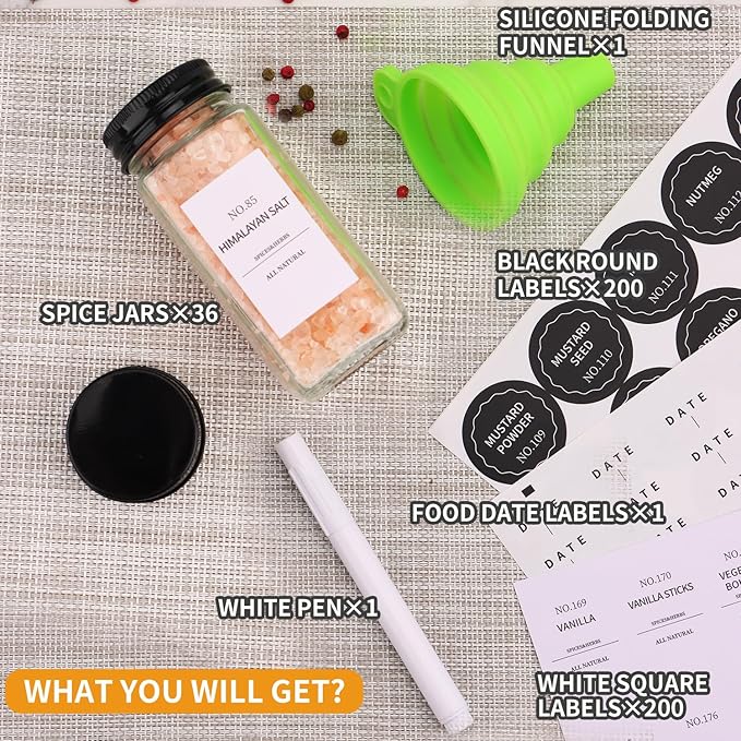 Spice Jars - 36 pieces, labeled spice jars with black metal lids, empty glass spice jar set, spice storage containers, kitchen set, ideal for organizing and storing food in the pantry.