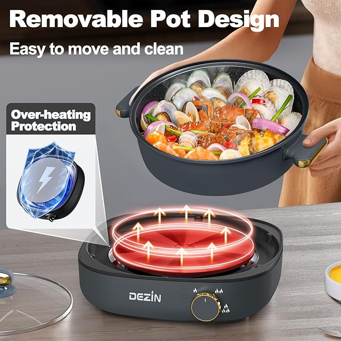 Dezin Electric Shabu Shabu Pot with Removable Pot, 4L Non-Stick Hot Pot Electric with Dual-Power Control, Electric Pot with Tempered Glass Lid for Party, Family and Friend Gathering