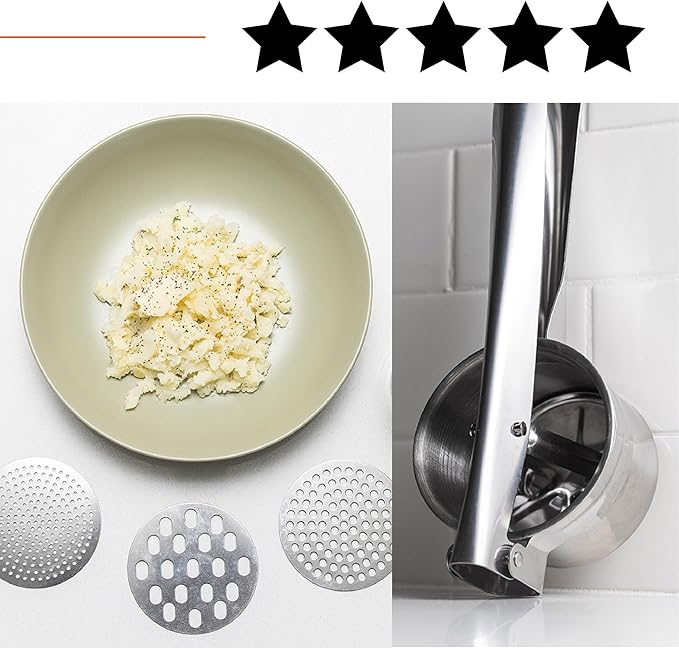 Potato Ricer with Stainless Steel Potato Peeler and 3 Interchangeable Discs | 15 oz Stainless Steel Potato Masher, Kitchen Gadget for Potatoes, Potato Ricer Kitchen Tool by Savver