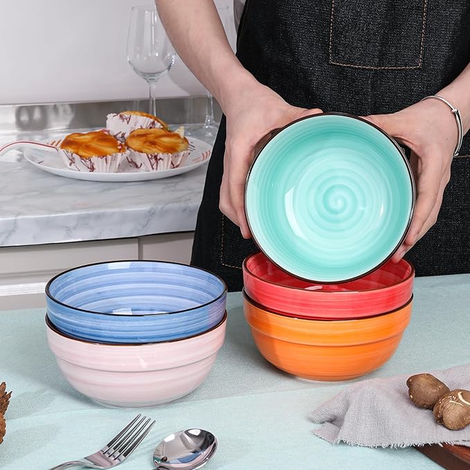 HAPPY KIT Ceramic Serving Bowls, 6 Inch Colorful Bowls for Kitchen, 24 Ounce Soup Bowls Set of 6, Dishwasher & Microwave Safe, Porcelain Bowls for Cereal Soup Rice Pasta Salad Oatmeal Soup