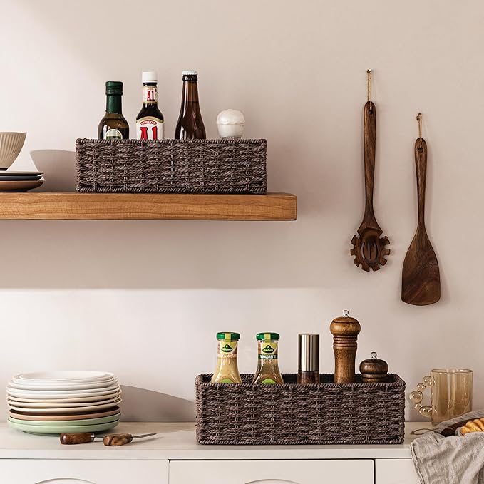 UBBCARE Toilet Tank Basket for Bathroom, Hand Woven Paper Wicker Basket for Organizing, Countertop Decorative Storage Basket with Handles, 2-Pack, Dark Brown