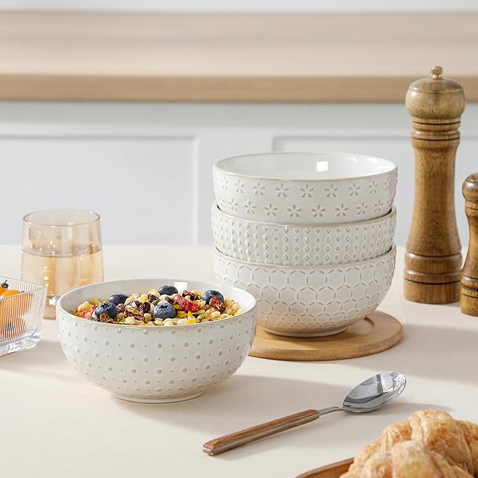 MALACASA Cereal Bowls, 30 Ounce Ceramic Soup Bowl for Kitchen, Stoneware Bowls Set of 4 with Embossment for Pho, Chip, Fruits, Salad, Noodle, Ramen - 6 Inch, Arctic White Series LYDIA