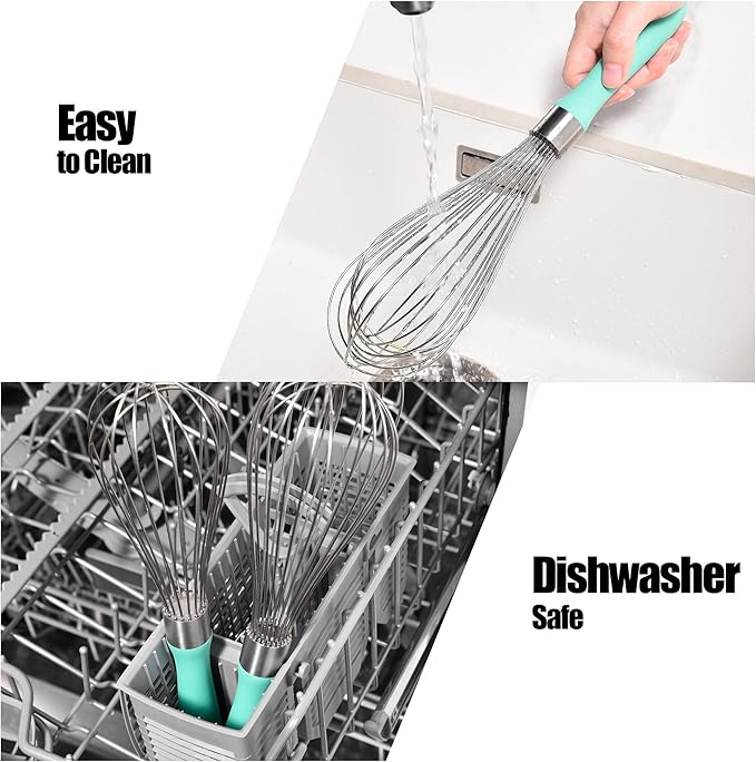18/8 Stainless Steel Balloon Whisk, Doosu Kitchen Whisk for Cooking Handheld Egg Beater with Rust-Proof Sturdy Wires & Non-Slip Silicone Handle for Beating, Stirring, Blending (12 Wires, Aqua Sky)