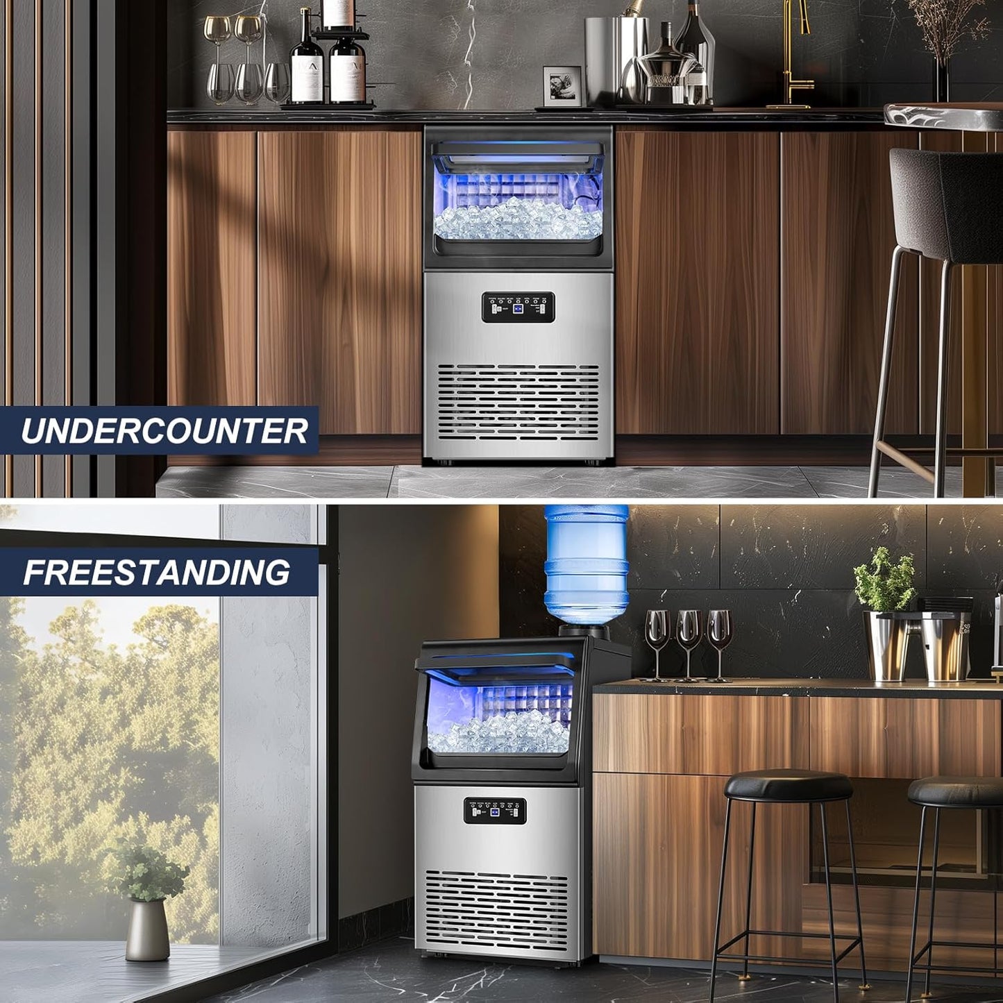 100LBS/24H High Output - Commercial Ice Maker with 20LBS Storage Bin - Dual Water Inlets, 36 Ice Cubes/Cycle, 15" Compact Undercounter/Freestanding Design - Self-Cleaning for Home Bars, Outdoor