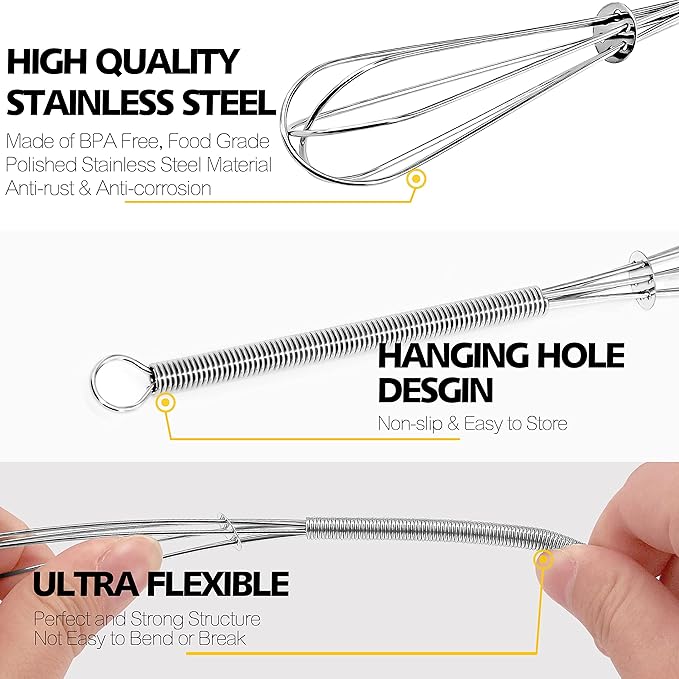 Anaeat Mini Wire Whisks, Set of 2 Portable Stainless Steel Kitchen Tiny Whisk & Egg Beater with Thick Wire - Sturdy Small Mixing Balloon for Cooking, Blending, Whiping, Beating and Stirring (5" + 7")
