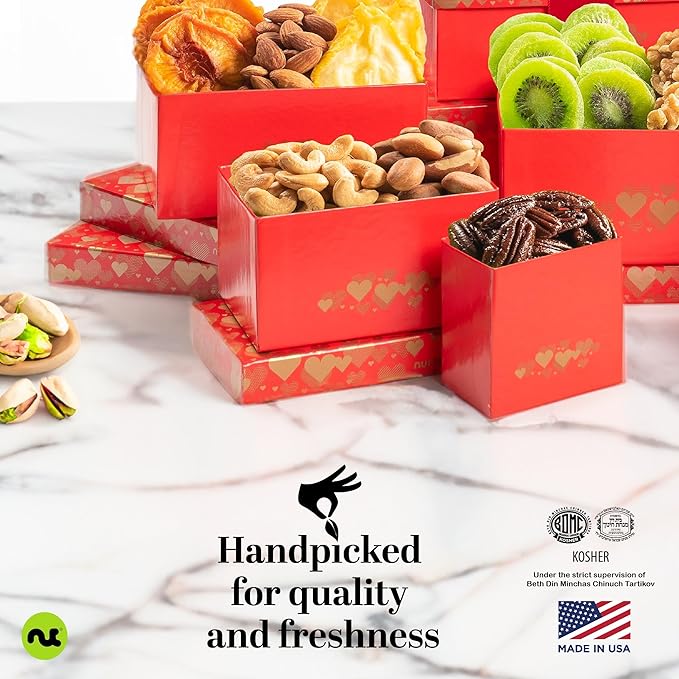 NUT CRAVINGS - Dried Fruit & Mixed Nuts Gift Basket Red Tower + Heart Ribbon (12 Assortments) Food Arrangement, Healthy Snack Care Package, Food Assortments