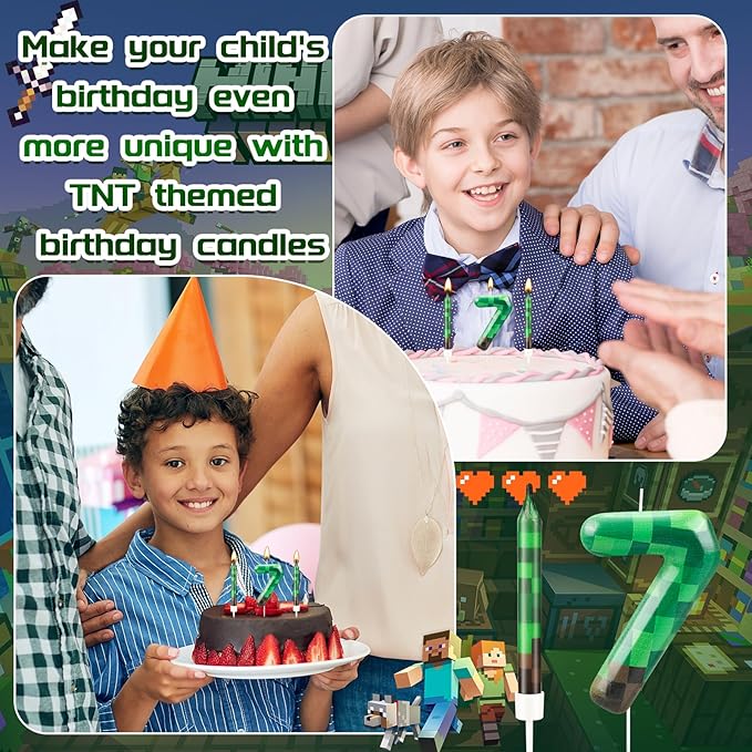 13 Pcs Dynamite Themed Birthday Cake Candles & Number 7 Candle Topper for Pixel Theme Birthday Party