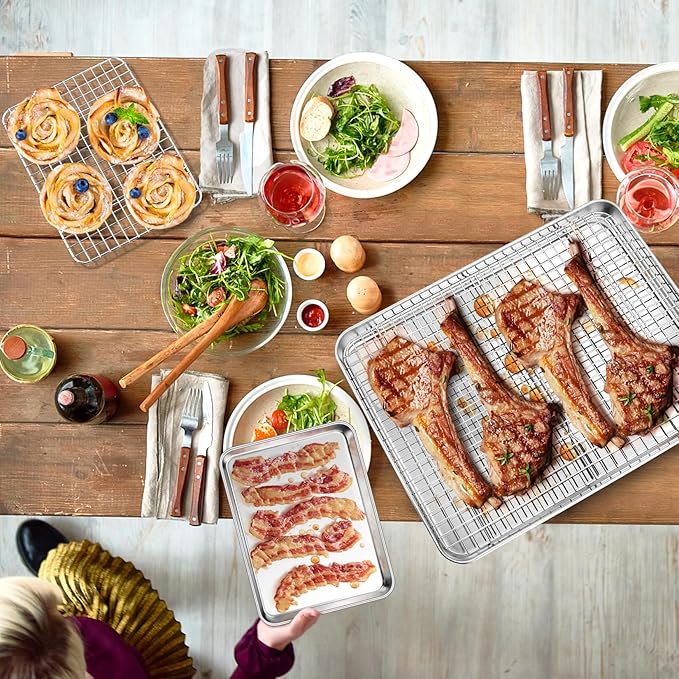 P&P CHEF 16 + 10.4 Inch Baking Sheet and Rack Set, Stainless Steel Cookie Sheets Oven Baking Pans Trays with Cooling Racks for Cooking & Roasting, Oven & Dishwasher Safe, (4Pcs)