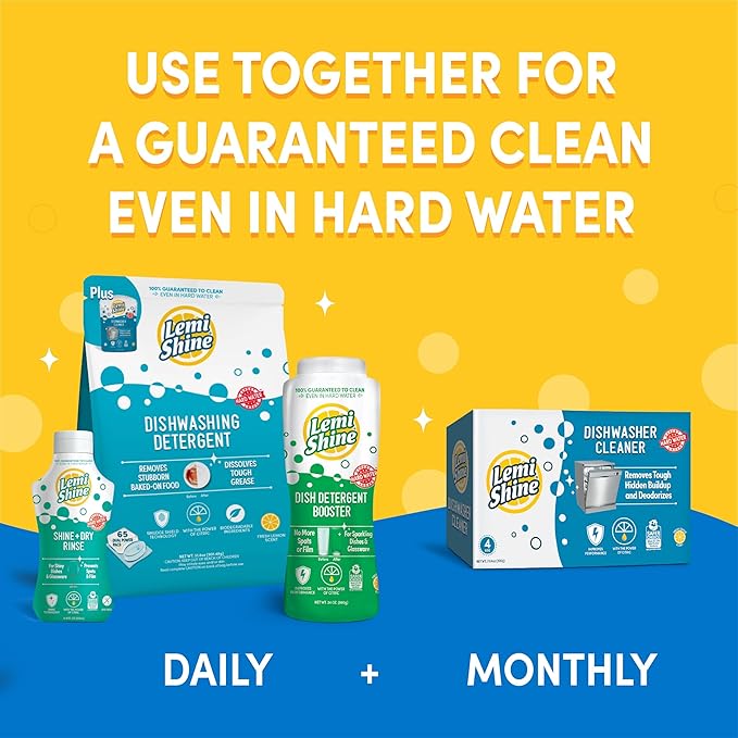 Lemi Shine Natural Dishwasher Detergent Pods + Dishwasher Cleaner 1 ct | All-In-One Powder & Gel Pods with Powerful Citric Acid | Eco Friendly Dish Wash Cleaning Supplies - 65 Count