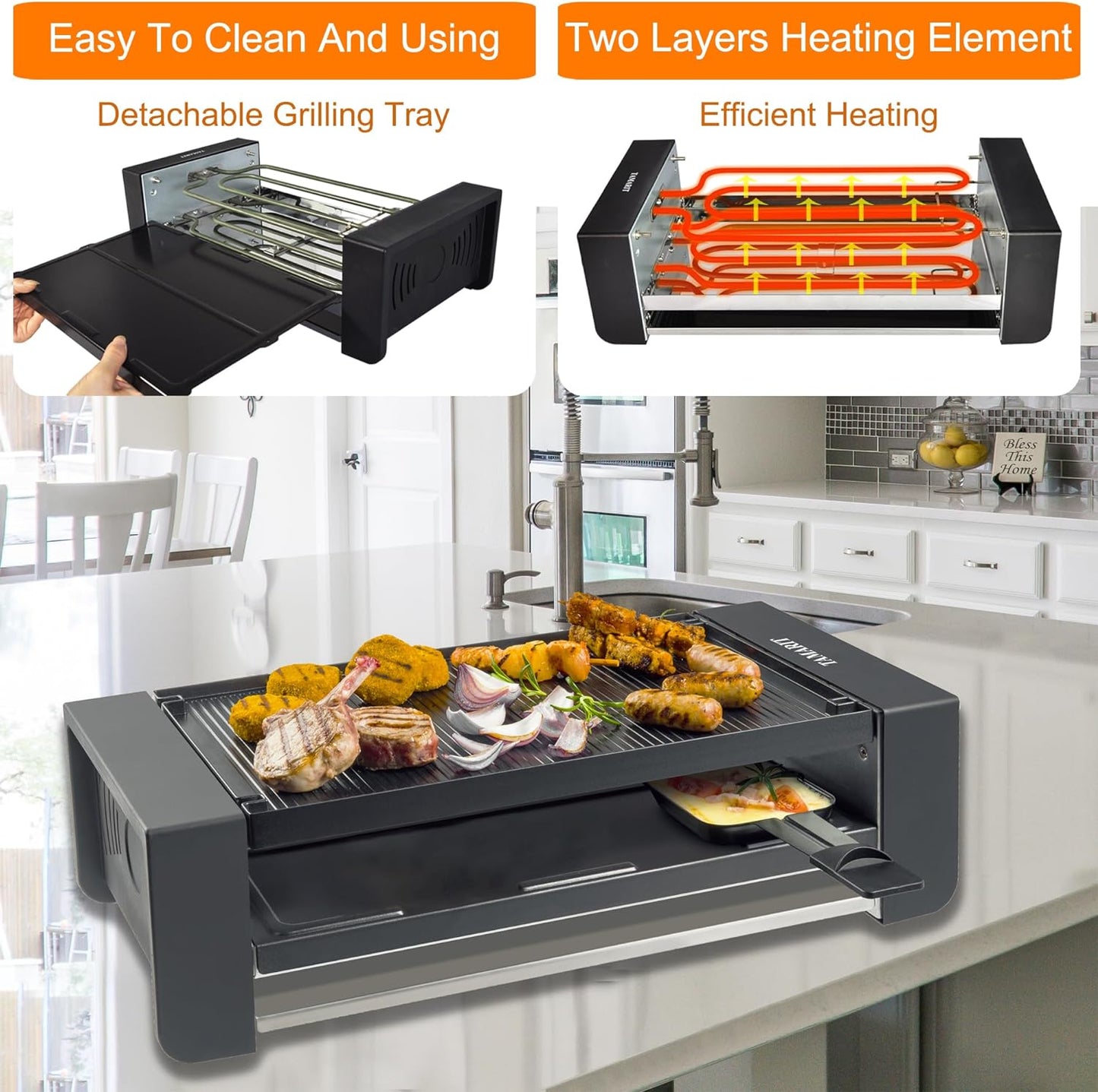 TAMARIT Raclette Party Grill Portable Indoor Electric Korean BBQ Grill 2 in 1 Raclette Table Grill with Nonstick Coating Grill Plate 4 Pizza Pans 8 Cheese Trays Upper & Lower Heater,PFAS-No