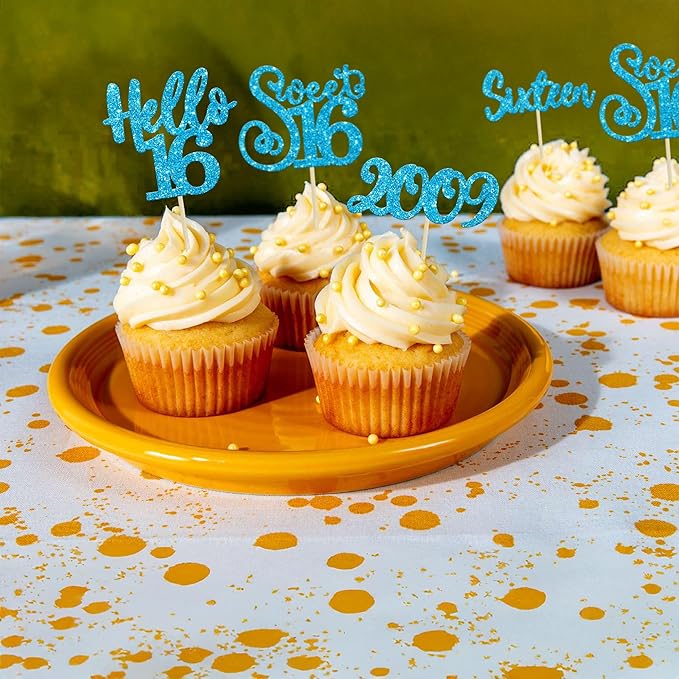 Gyufise 24Pcs Happy 16th Birthday Cupcake Toppers Glitter Hello 16 Sweet 16 Cupcake Picks Sixteen Years Old Birthday Cake Decorations for Celebrating 16th Birthday Anniversary Party Supplies Blue