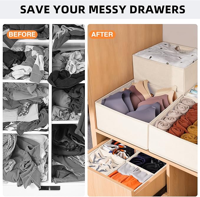 Criusia Drawer Organizer Clothes 6 Pack - Sock Underwear Drawer Organizer Divider - Dresser Organizer Bins for Closet Bedroom - Baby Clothes Organizers and Storage for Nursery Organization -Beige