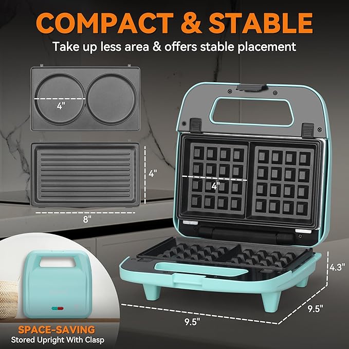 Baker’s Friend 3 in 1 Mini Waffle Maker with Removable Plates, Mini Pancake Maker, Grilled Cheese Maker, Breakfast Sandwich Maker Press, Mini Indoor Grill, Belgian Waffle Maker, Aqua