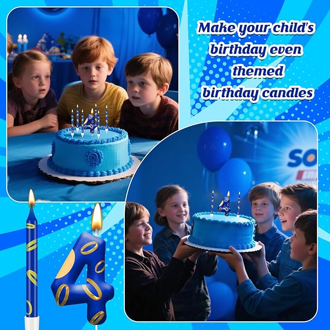 13PCS Birthday Cake Candles Set - Blue and Golden Ring Number Candles with Vibrant Designs for Boys & Girls, Theme Birthday Party Decorations, Cake Toppers for Theme Parties(Number 4)