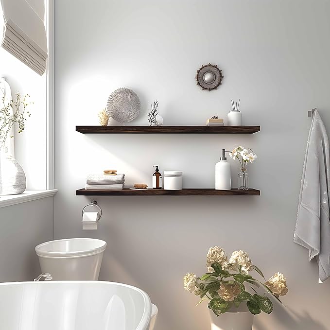 Wood Floating Shelves for Wall Decor, Rustic Wall Shelves for Bedroom Bathroom Kitchen Living Room, Set of 4 Walnut 36 Inch