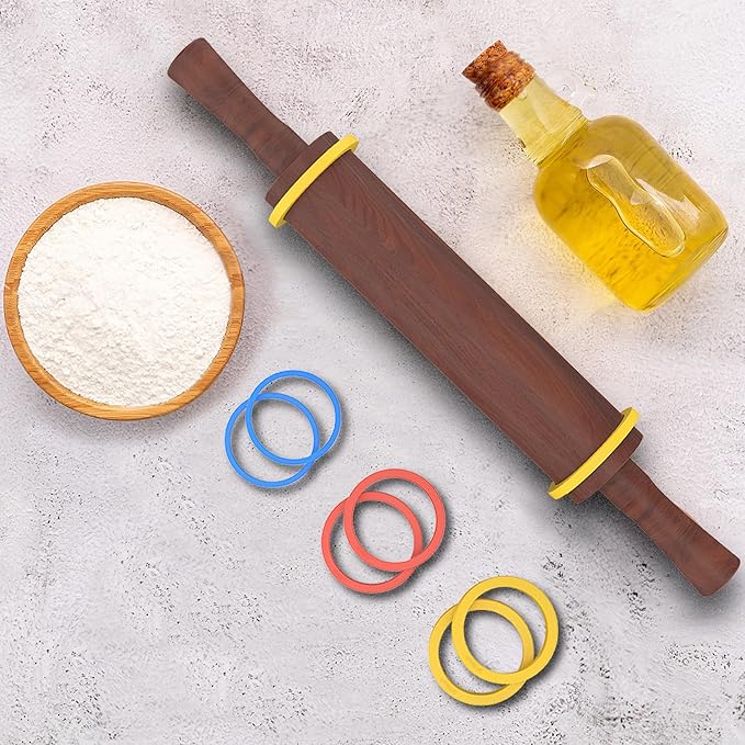 Classic Wooden Rolling Pin with Handle and Pastry Mat for Fondant, Pizza, Pies, Cookies,Rolling Pin for Baking with 3 Multi-Color Thickness Rings,17" x 2.5" (Include handle)