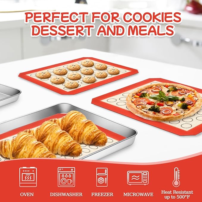 Baking Sheet with Silicone Baking Mat Set,CEKEE Stainless Steel Baking Sheet Pan Tray, Cookie Sheets for Baking, 6PCS Baking Supplies Bakeware Sets for Oven Making Cookies, Macaroons, Bread
