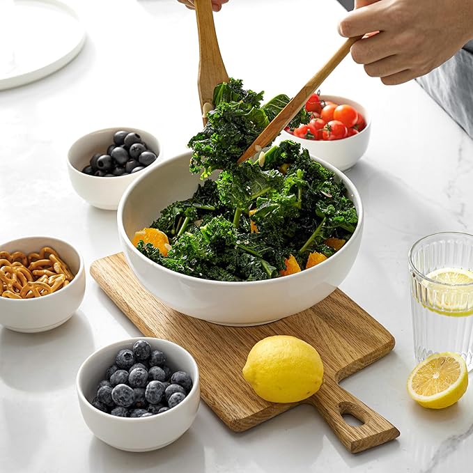 DOWAN Serving Bowls, 9.5" Large Salad Bowls for Entertaining, Side Dishes, Pho, Pasta, Centerpiece Bowls for Dinner Parties, Kitchen Decor, Microwave & Dishwasher Safe, White