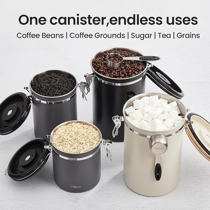 Veken Coffee Canister, 39OZ Large, Airtight Stainless Steel Food Storage Container for 2.2lbs Coffee Beans, Ground, Sugar, Tea, Flour, Rice, Cereal, Cookies Jars, Bar Accessories & Gifts, Cream