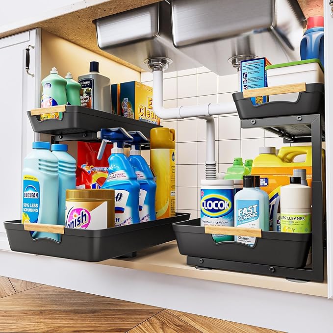 Under Sink Organizer, 2 Tier Adjustable Height Under Sink Organizers and Storage, L-Shaped Slide Out Pull Out Cabinet Organizers for Bathroom Kitchen Pantry (2 Pack, Black)