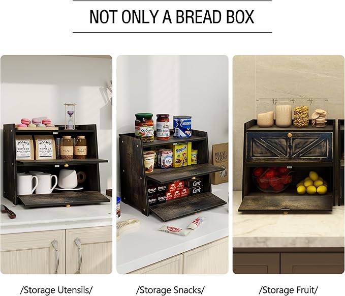 Vintage Double Layer Bread Box for Kitchen Counter Bamboo Bread Storage Container Large Capacity Bread Storage Bin (Antique Black)