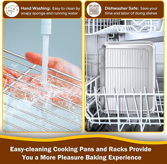 P&P CHEF 16 Inch Baking Sheet Pan with Rack Set, Stainless Steel Cookie Sheet Pan Tray with Cooling Rack for Oven Use, Cooking Roasting, Non Toxic & Dishwasher Safe, Heavy Duty