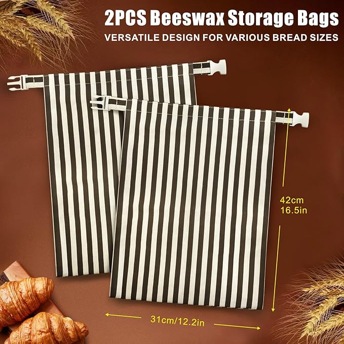 Mosucoirl Beeswax Bread Bags 2 Pack, Reusable Bread Storage Boxes for Homemade Sourdough, Cotton Food Bags Loaf Containers to Keep Fresh Large (Striped Grid)