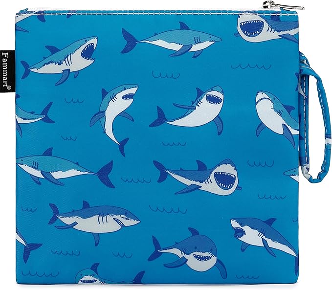 Reusable Sandwich Bag/Snack Bag for Kids & Adults, Dual Layer Lunch Bag with Handle, Cosmetic Bag Makeup Travel Bag for Women Girls, Washable, Food Safe, BPA Free (1-Pack, Shark)