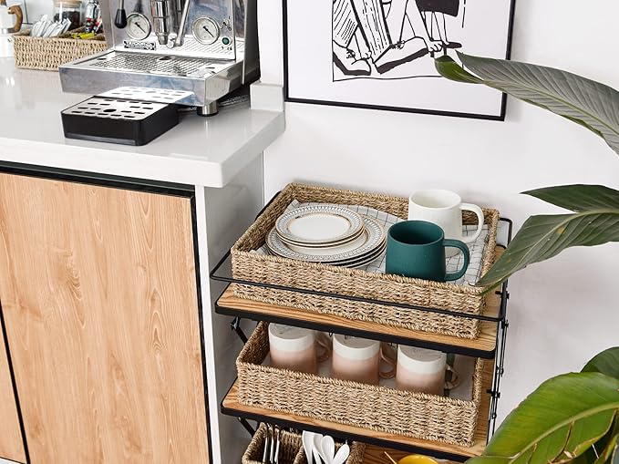 StorageWorks Large Seagrass Tray for Bathroom, Seagrass Storage Baskets for Shelves, Handwoven Natural Wicker Baskets for Organizing, 2-Pack