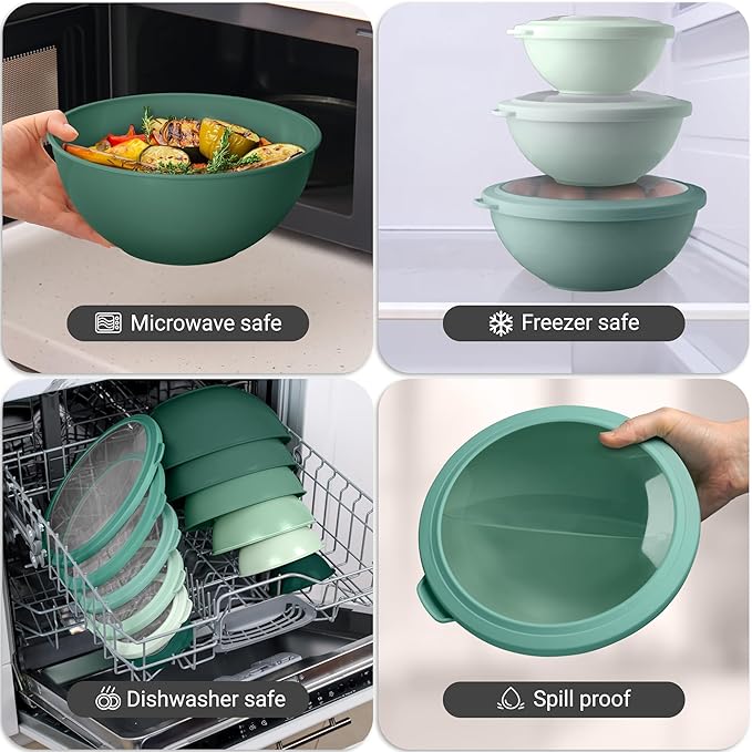 Zulay Kitchen 12-Piece Plastic Mixing Bowl Set - Colorful Nesting Bowls with Lids - Microwave & Freezer Safe (Teal Ombre)